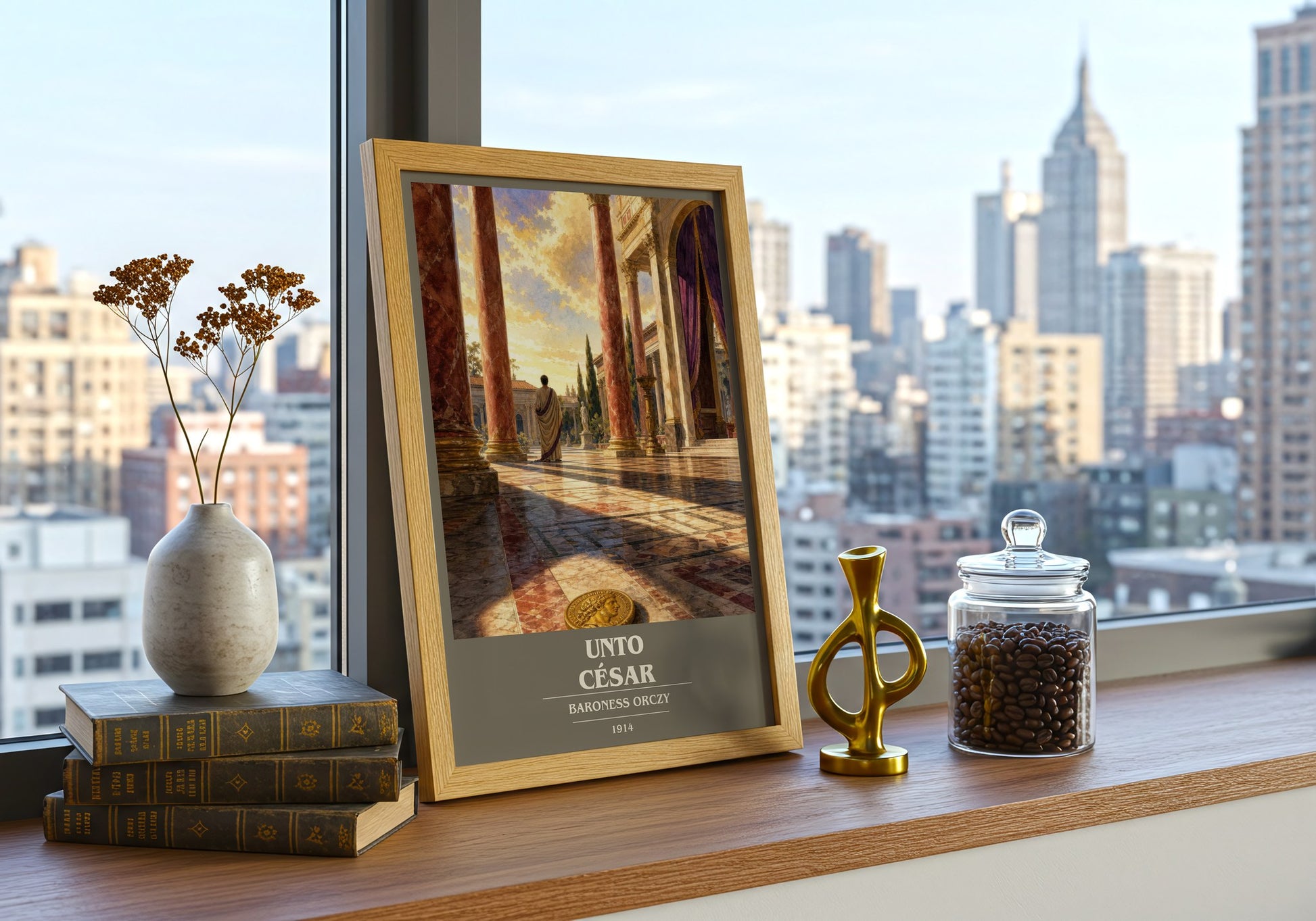 Unto César book cover print framed by window – literary home decor
