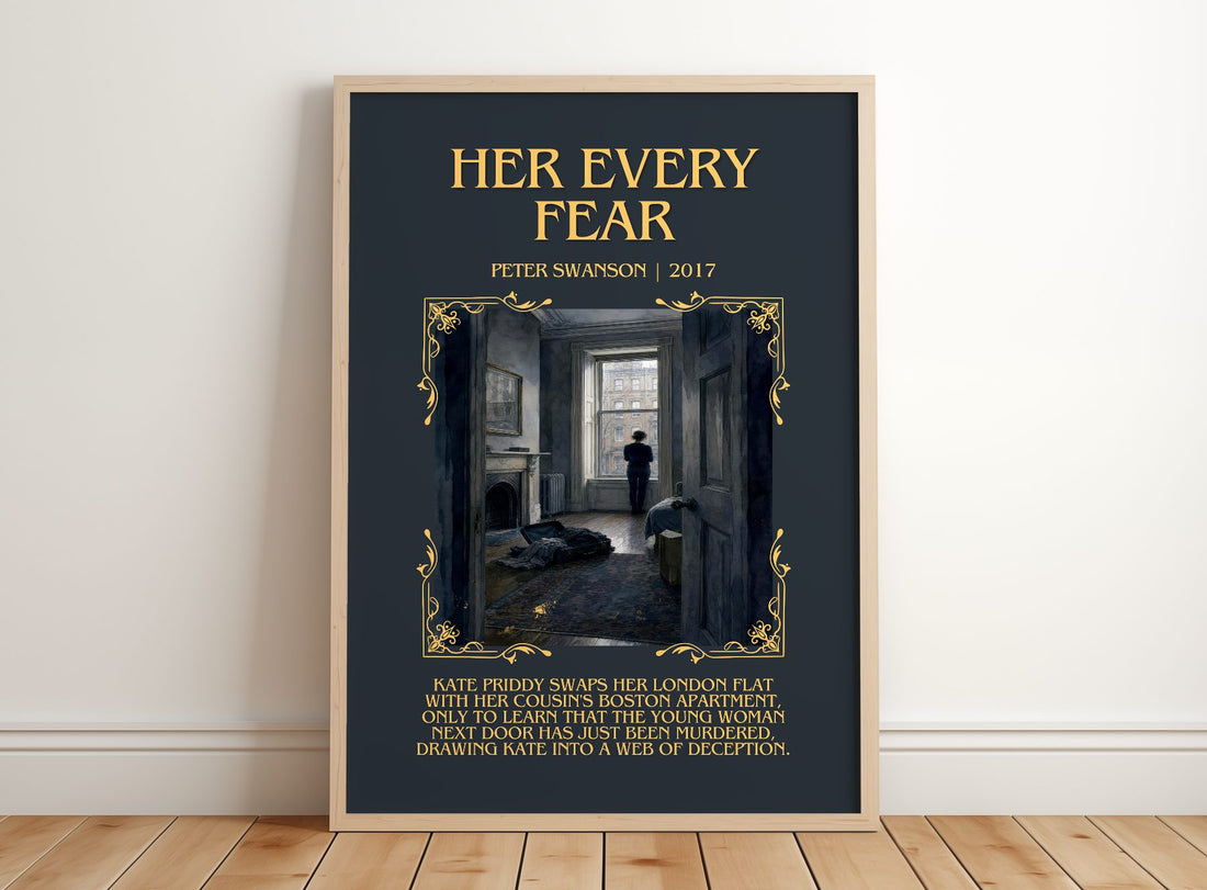 Her Every Fear Minimalist Book Poster by Peter Swanson – framed print leaning on a wooden floor