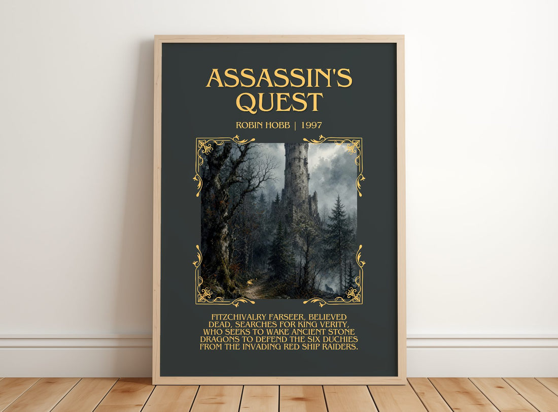 Assassin's Quest Minimalist Book Poster by Robin Hobb – framed print leaning on a wooden floor