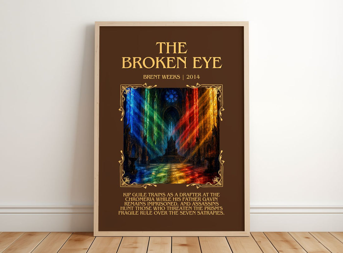 The Broken Eye Minimalist Book Poster by Brent Weeks – framed print leaning on a wooden floor