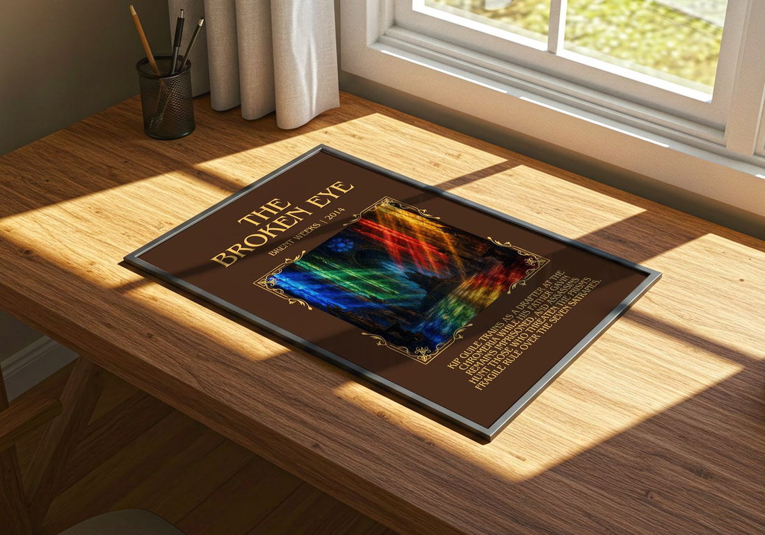 The Broken Eye Minimalist Book Poster by Brent Weeks – print on a sunlit desk