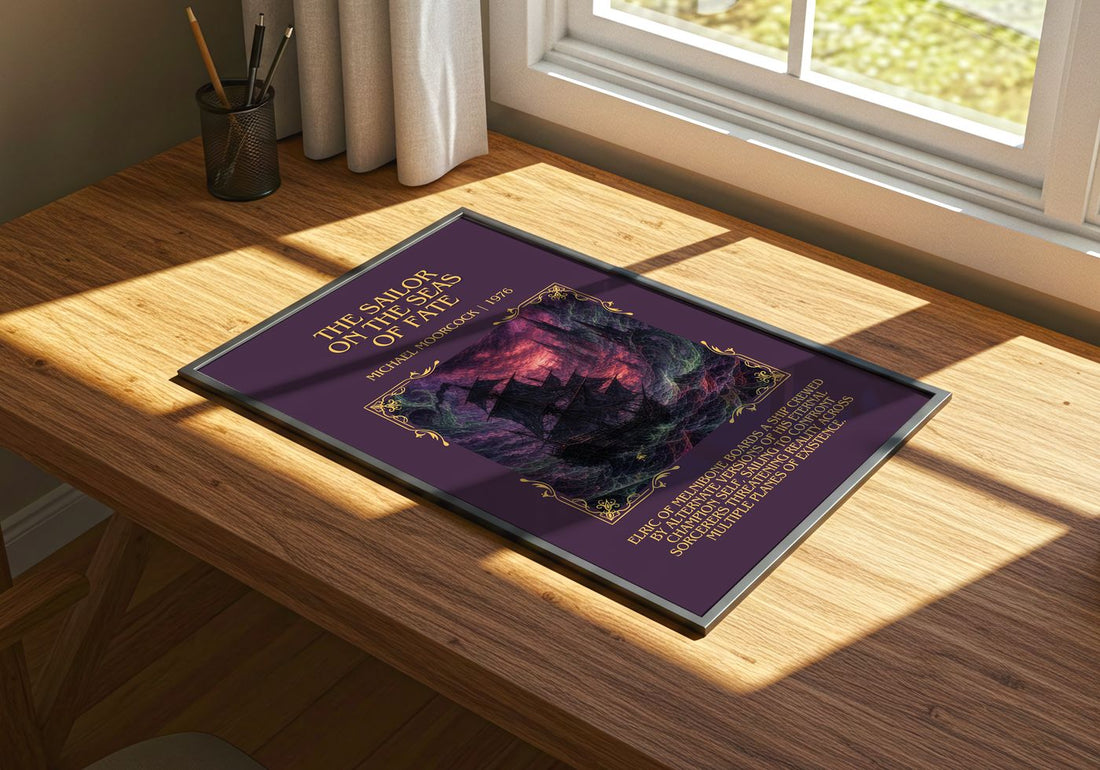 Sailor on the Seas of Fate Minimalist Book Poster by Michael Moorcock – print on a sunlit desk
