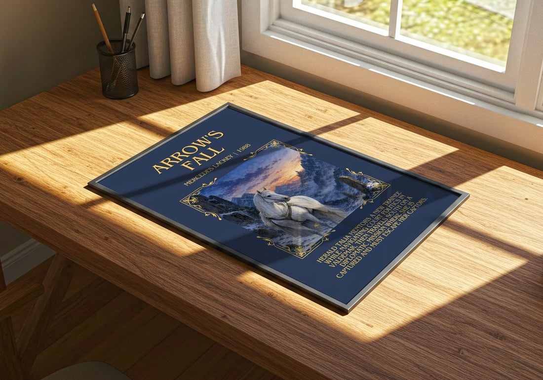 Arrow's Fall Minimalist Book Poster by Mercedes Lackey – print on a sunlit desk