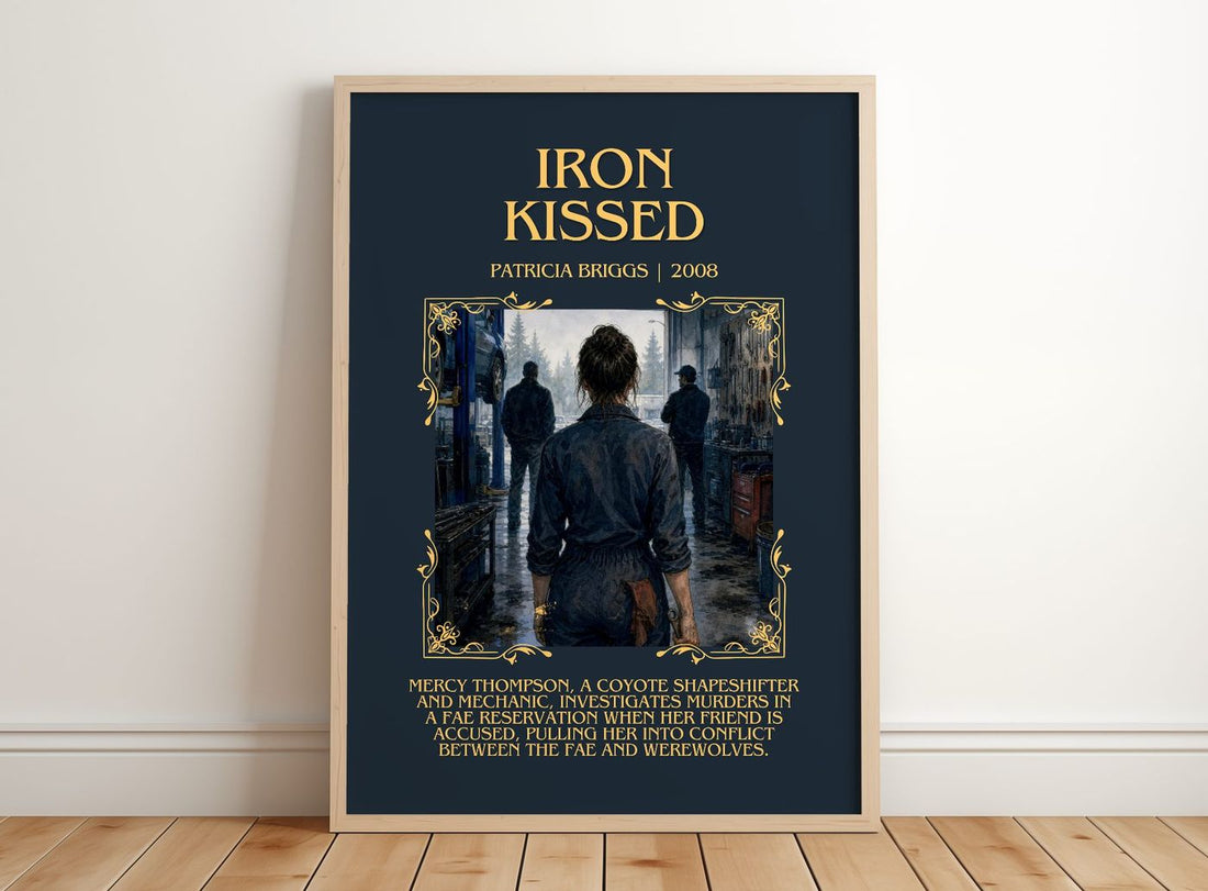 Iron Kissed Minimalist Book Poster by Patricia Briggs – framed print leaning on a wooden floor