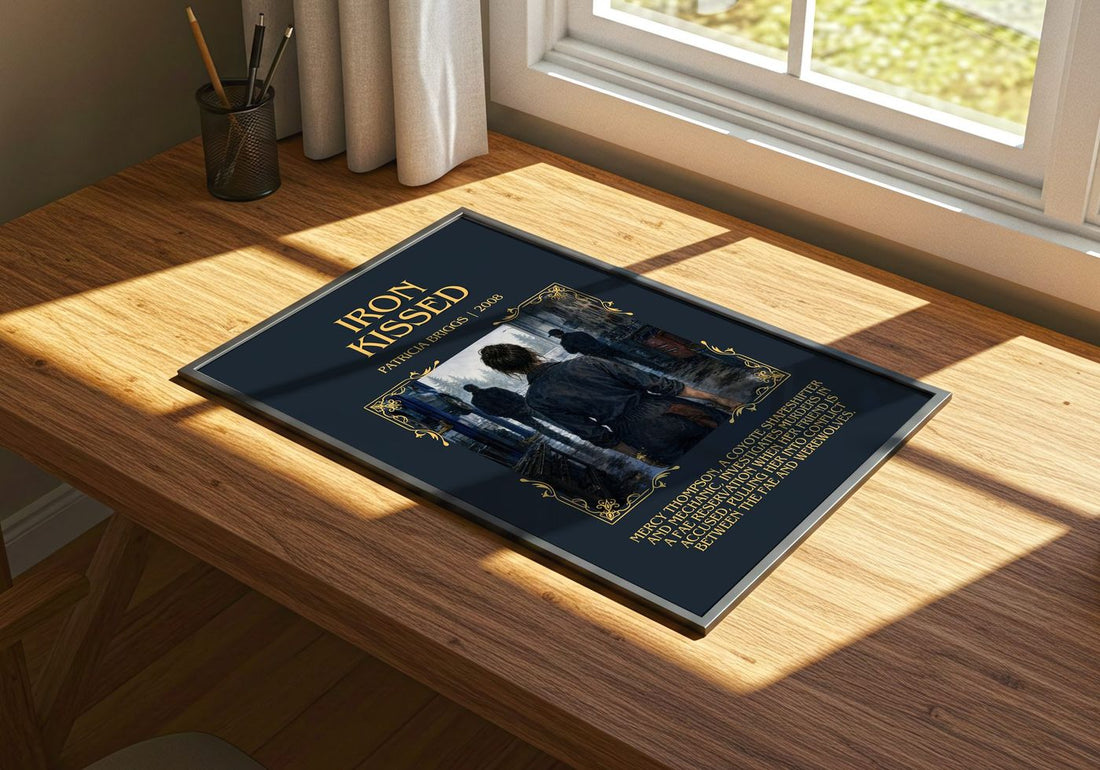 Iron Kissed Minimalist Book Poster by Patricia Briggs – print on a sunlit desk