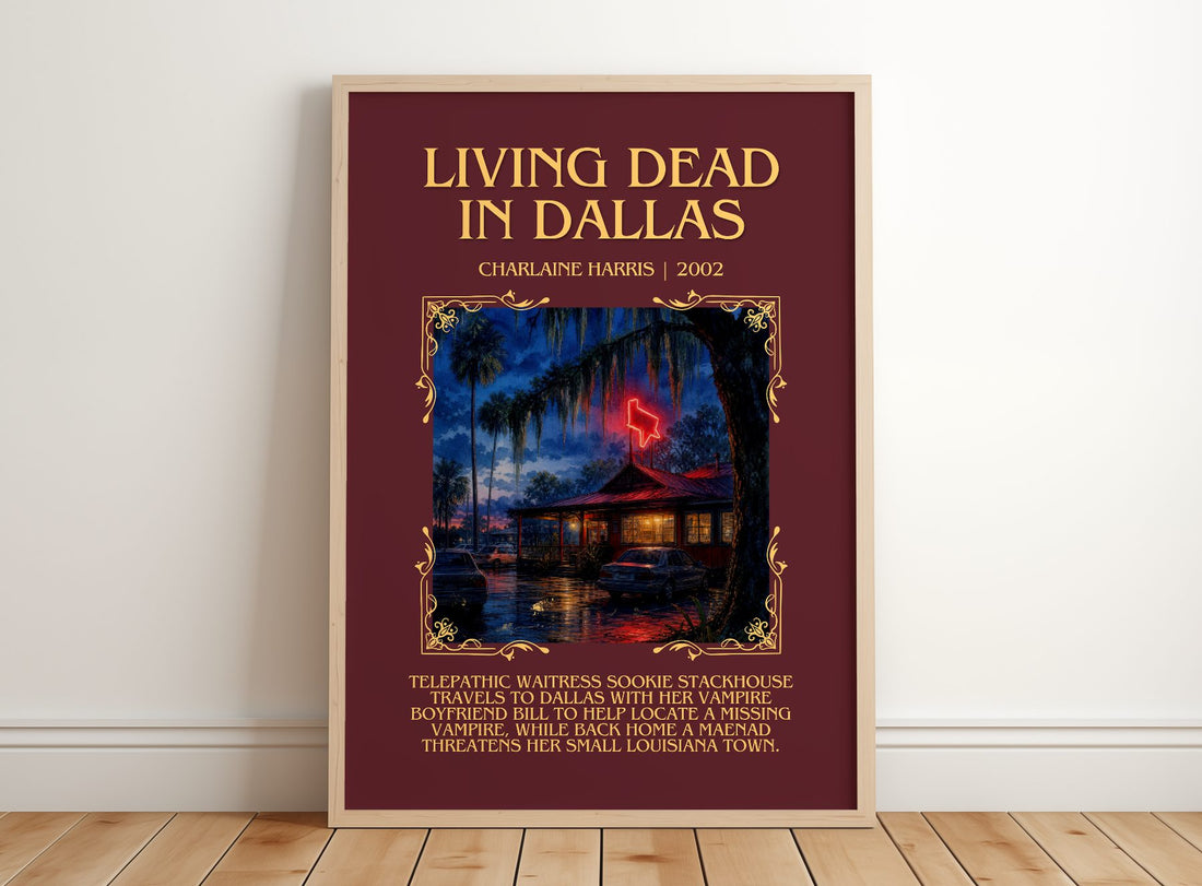 Living Dead in Dallas minimalist print in frame leaning in hallway – fantasy wall art