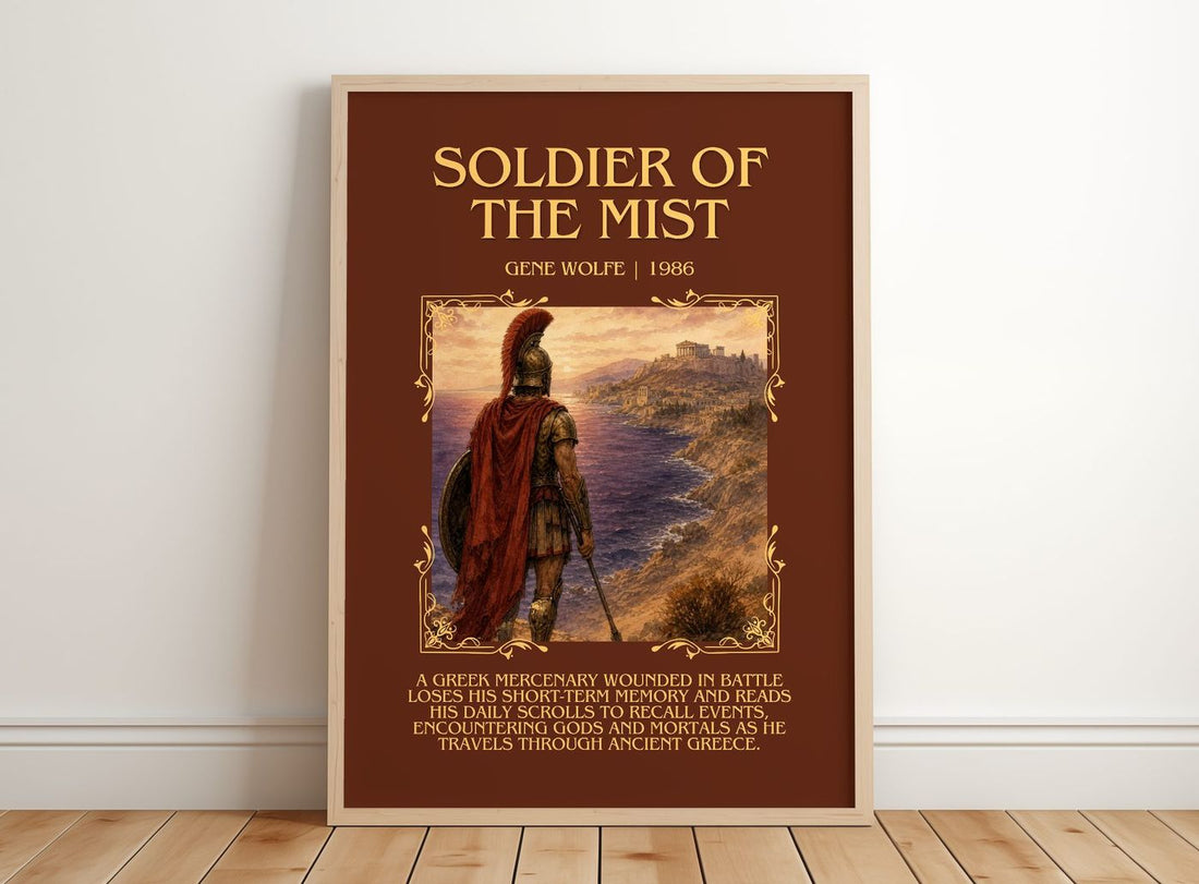 Soldier of the Mist Minimalist Book Poster by Gene Wolfe – framed print leaning on a wooden floor