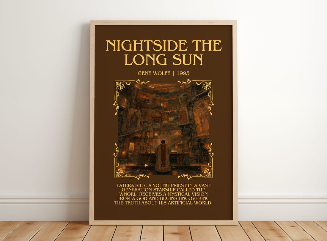Nightside the Long Sun Minimalist Book Poster by Gene Wolfe – framed print leaning on a wooden floor