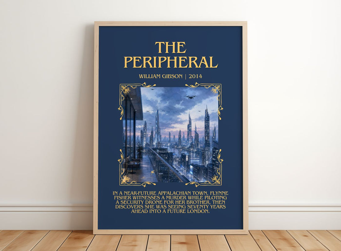The Peripheral Minimalist Book Poster by William Gibson – framed print leaning on a wooden floor