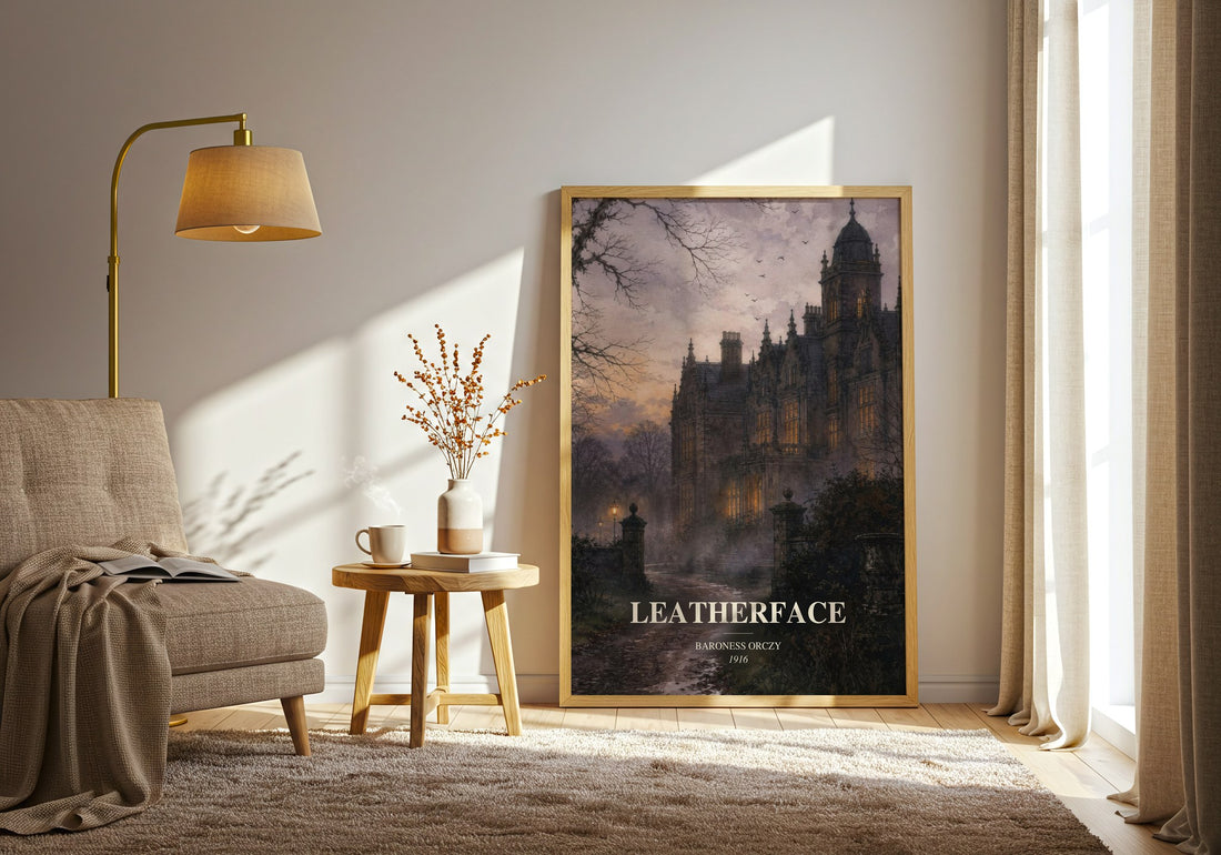 Leatherface watercolour print in frame leaning in hallway – historical fiction wall art (mockup)
