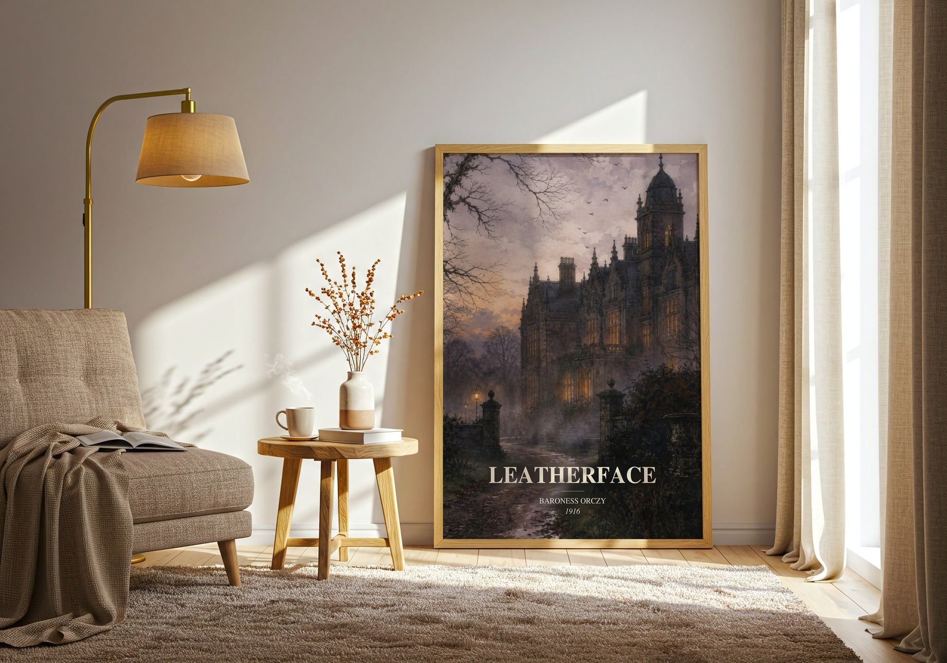 Leatherface watercolour print in frame leaning in hallway – historical fiction wall art