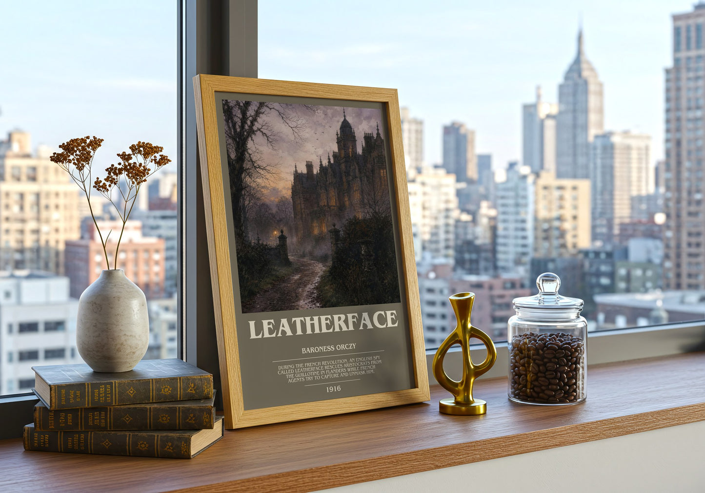 Leatherface bookish print framed by window – literary home decor