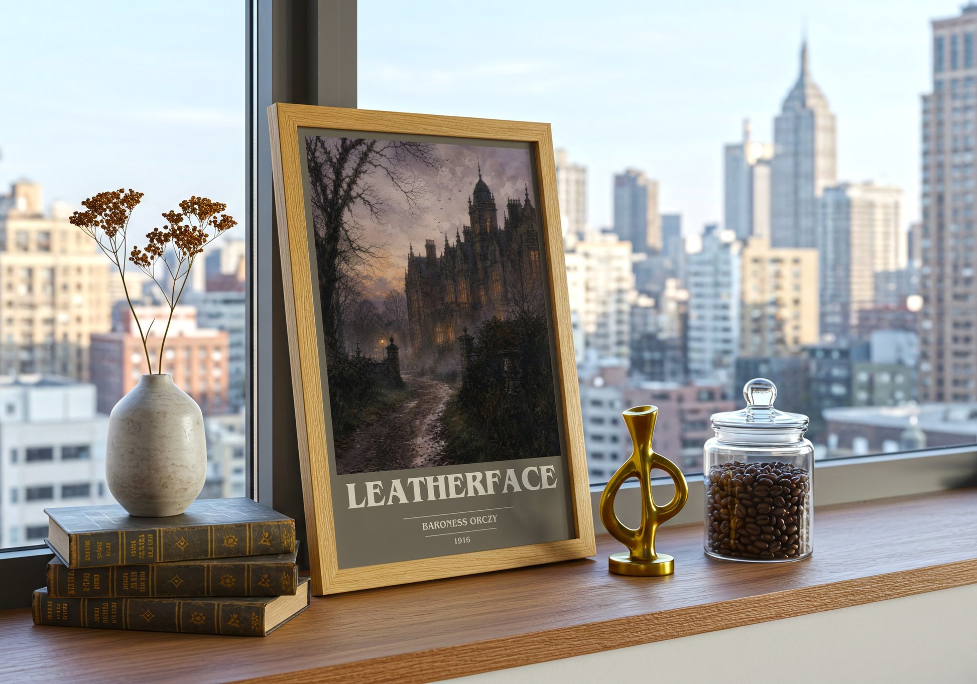 Leatherface book cover print framed by window – literary home decor
