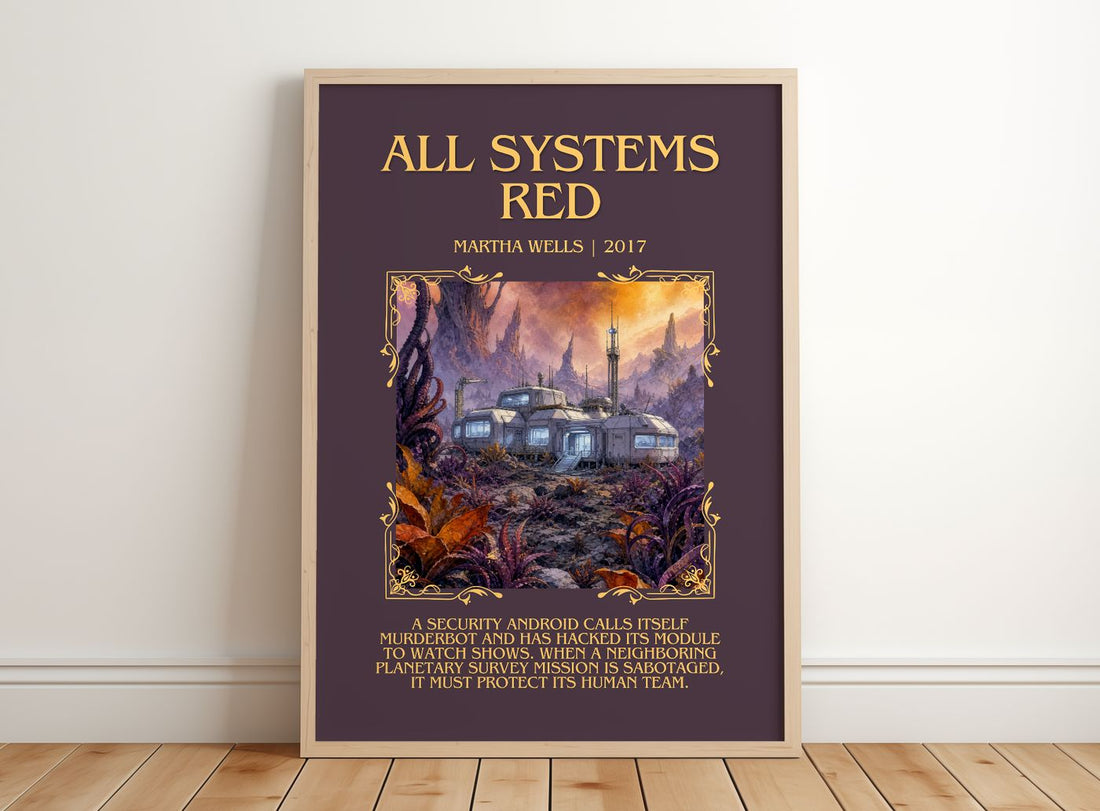 All Systems Red Minimalist Book Poster by Martha Wells – framed print leaning on a wooden floor