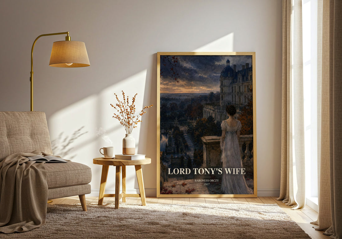 Lord Tony'S Wife watercolour print in frame leaning in hallway – historical fiction wall art (mockup)