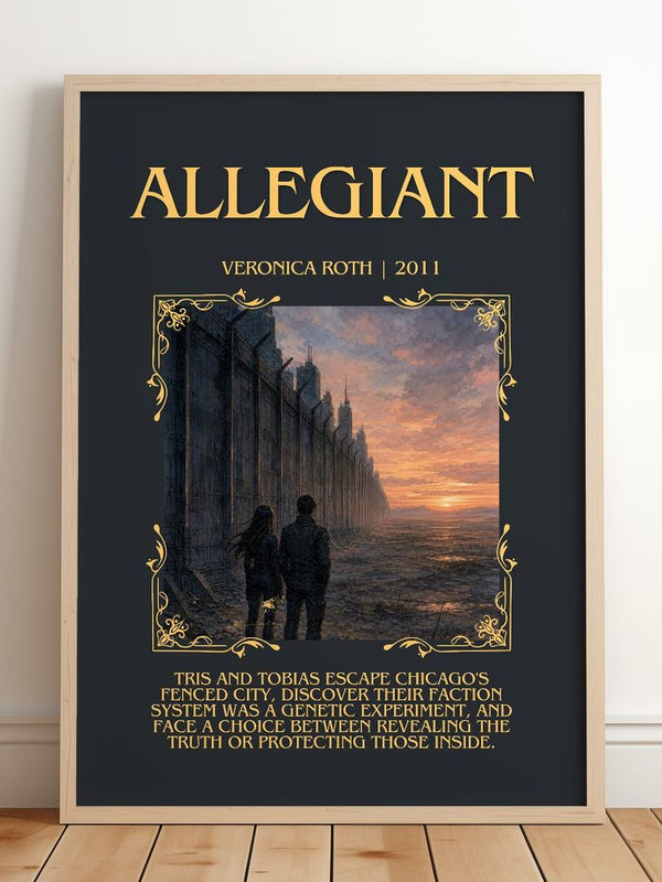 Allegiant Minimalist Book Poster by Veronica Roth – framed print leaning on a wooden floor