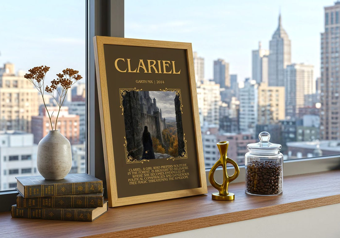 Clariel Minimalist Book Poster by Garth Nix – framed print on a city-view windowsill