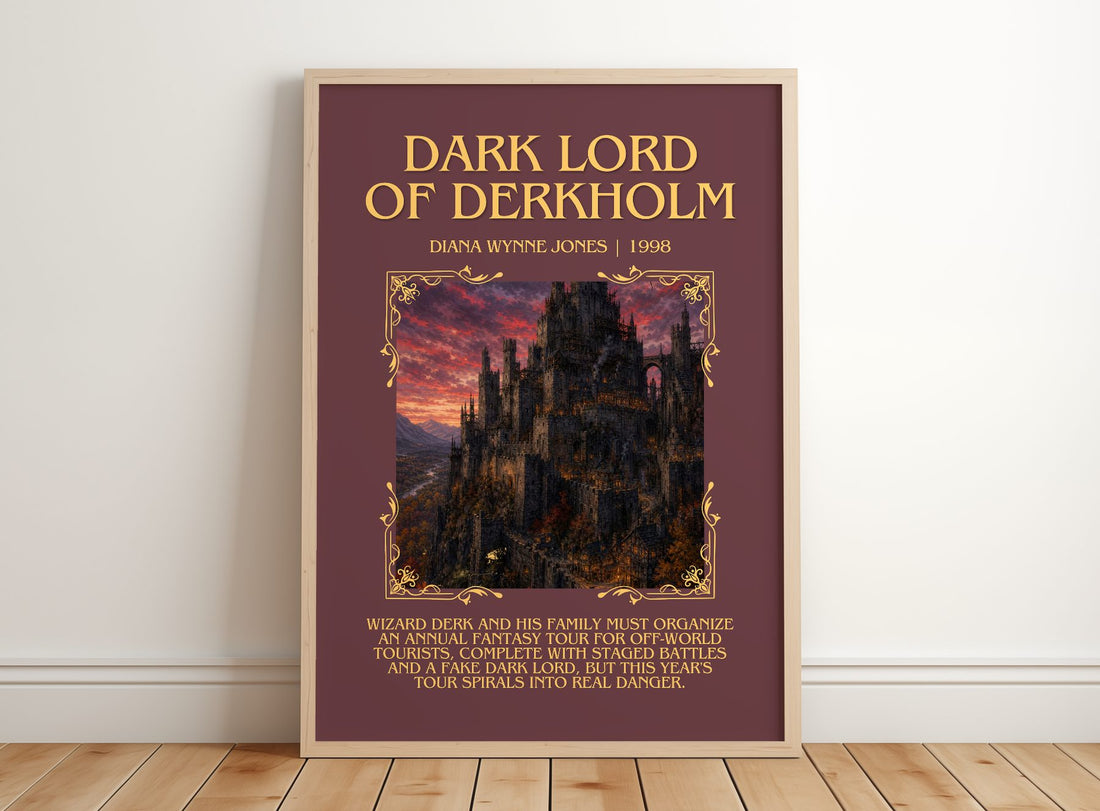 Dark Lord of Derkholm Minimalist Book Poster by Diana Wynne Jones – framed print leaning on a wooden floor