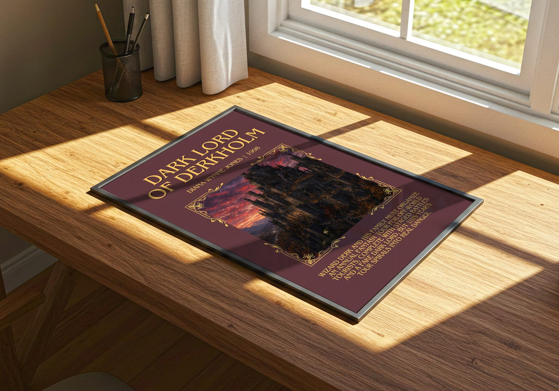 Dark Lord of Derkholm Minimalist Book Poster by Diana Wynne Jones – print on a sunlit desk