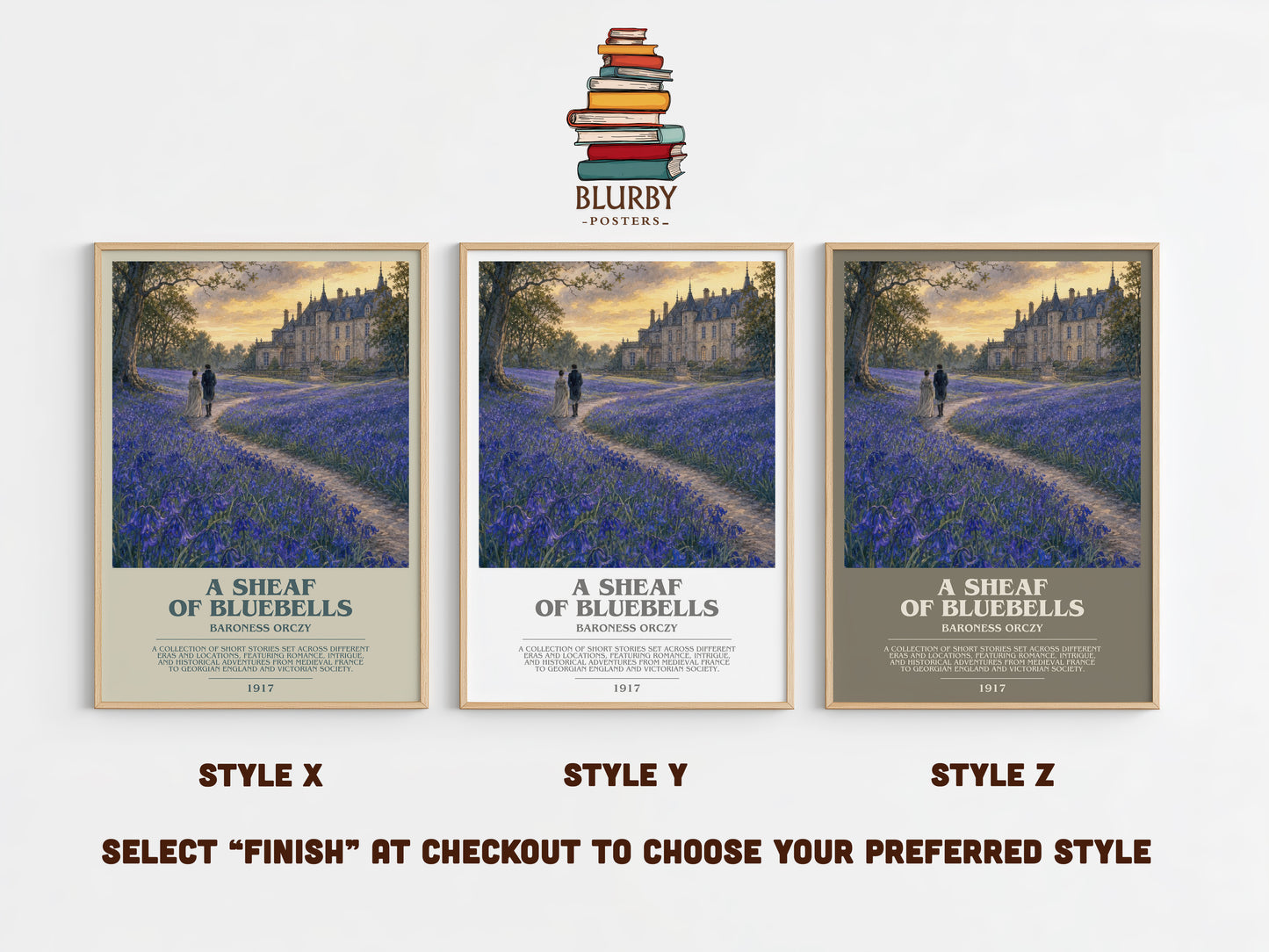 A Sheaf Of Bluebells bookish print in frame leaning in hallway – historical fiction wall art