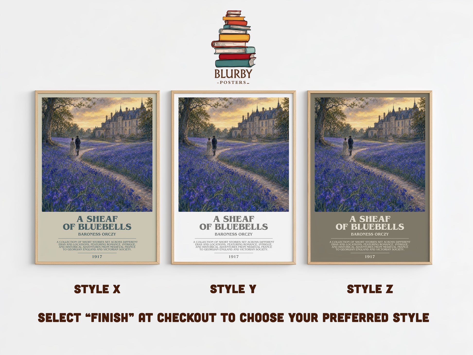 A Sheaf Of Bluebells bookish print in frame leaning in hallway – historical fiction wall art