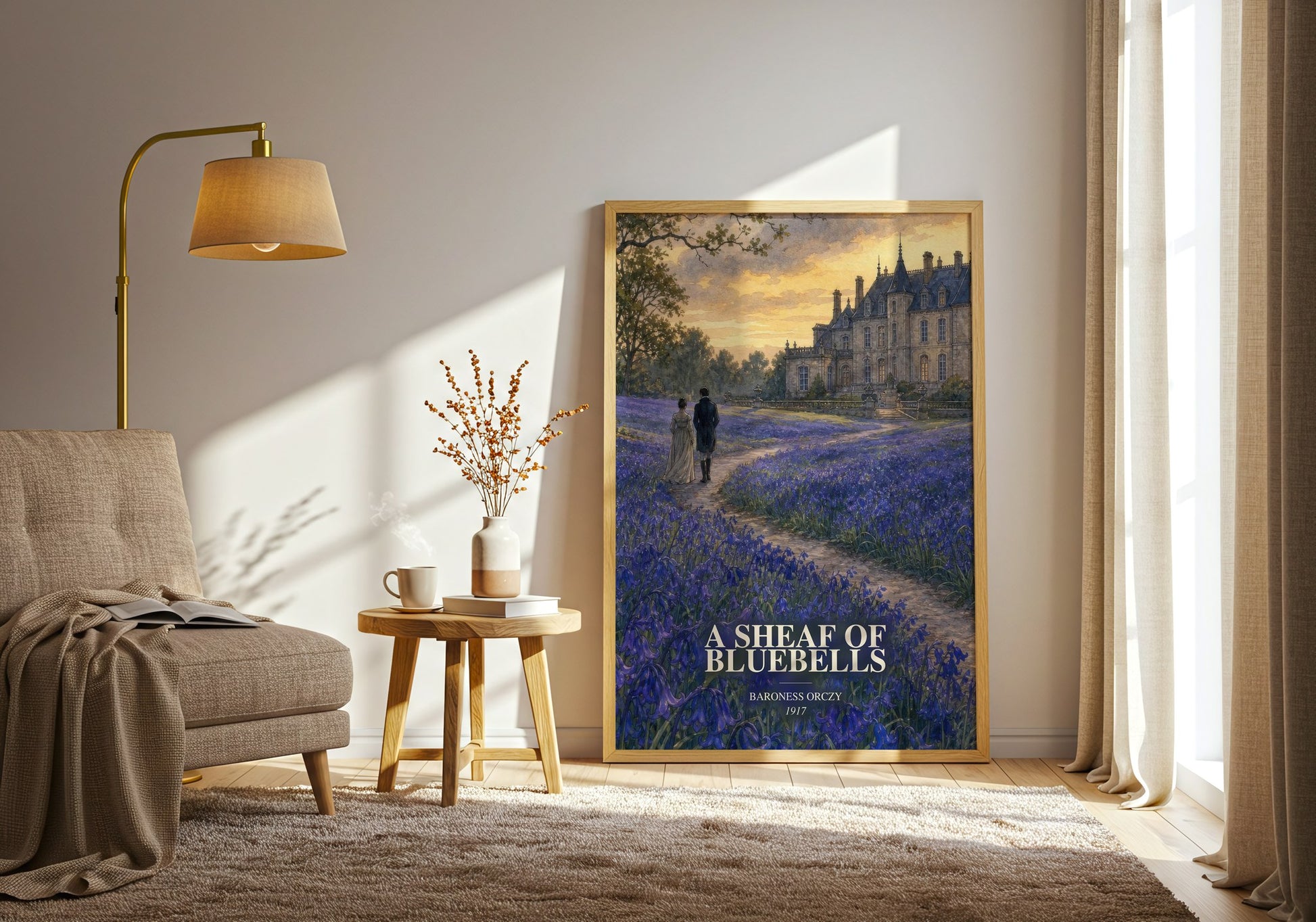 A Sheaf Of Bluebells watercolour print in frame leaning in hallway – historical fiction wall art