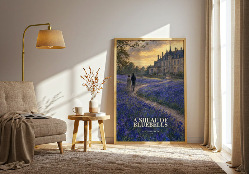 A Sheaf Of Bluebells watercolour print in frame leaning in hallway – historical fiction wall art