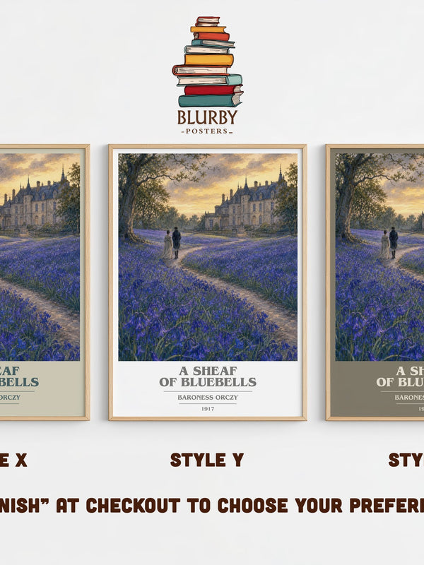 A Sheaf Of Bluebells book cover print in frame leaning in hallway – historical fiction wall art