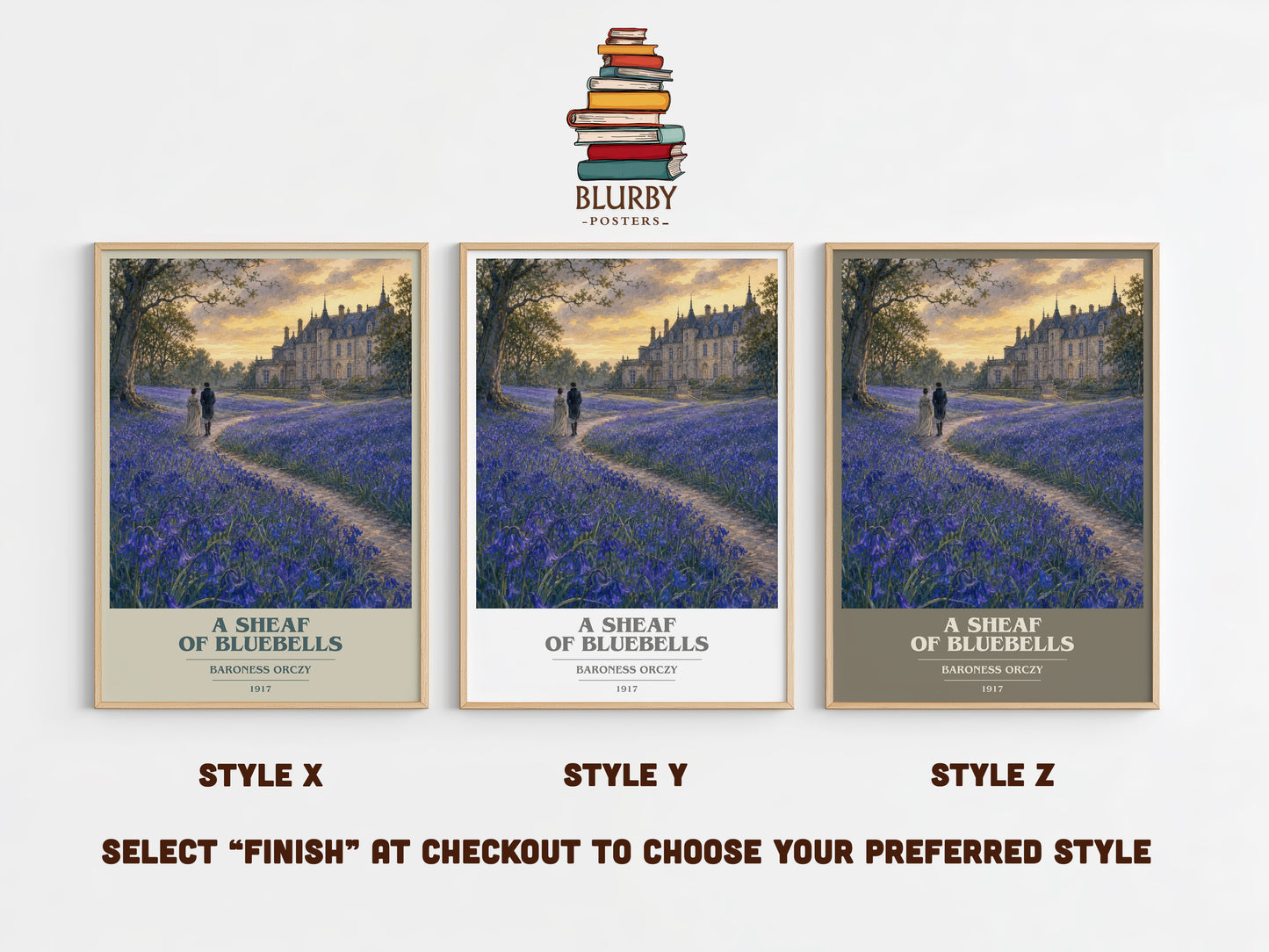 A Sheaf Of Bluebells book cover print in frame leaning in hallway – historical fiction wall art