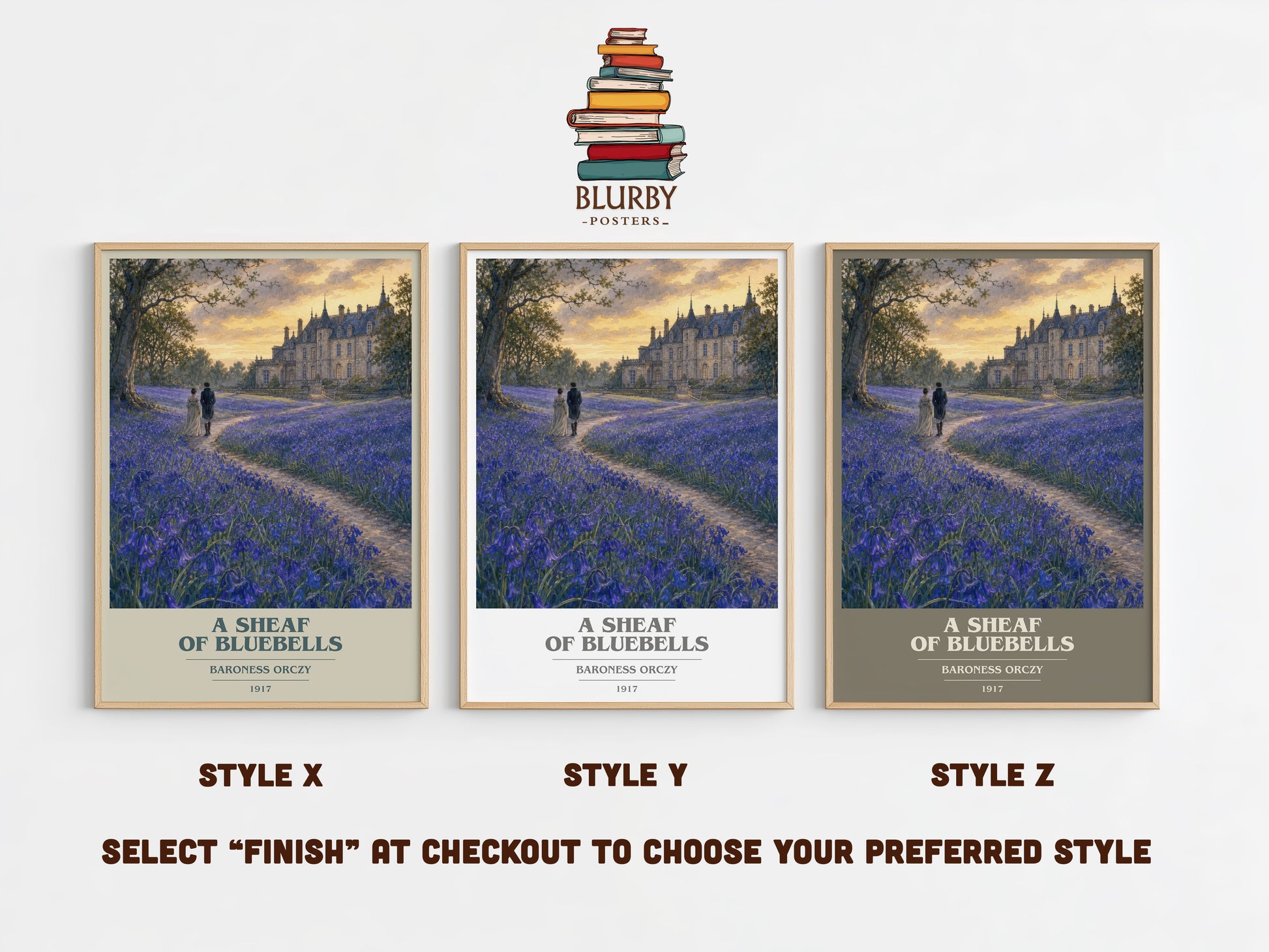 A Sheaf Of Bluebells book cover print in frame leaning in hallway – historical fiction wall art
