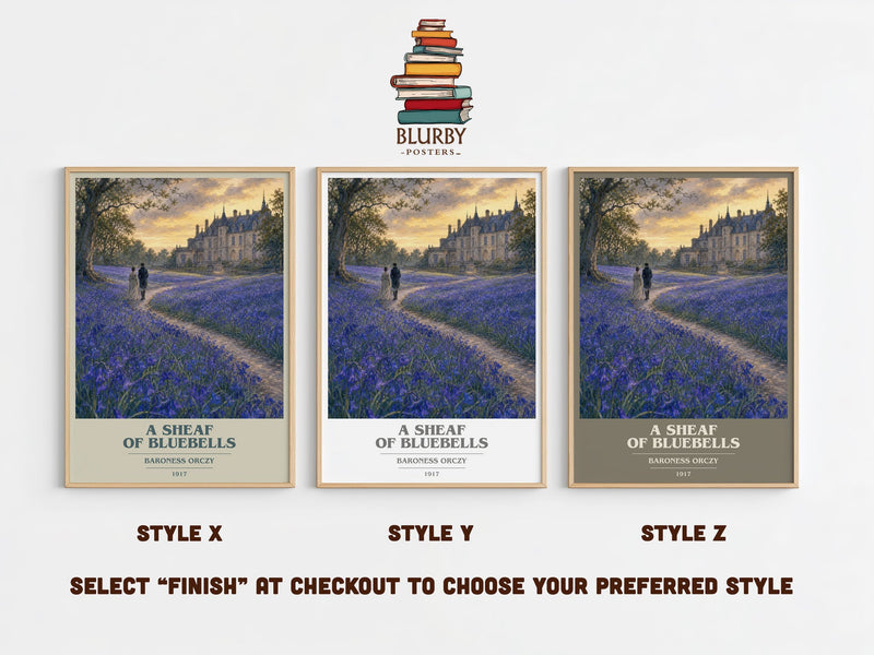 A Sheaf Of Bluebells book cover print in frame leaning in hallway – historical fiction wall art