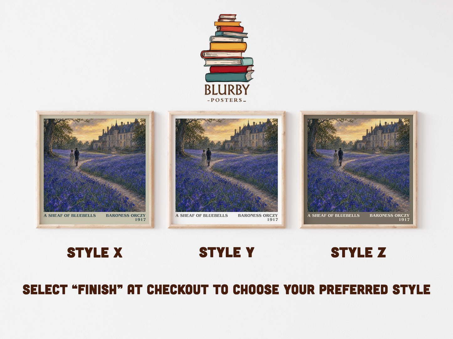 A Sheaf Of Bluebells literary print in frame leaning in hallway – historical fiction wall art