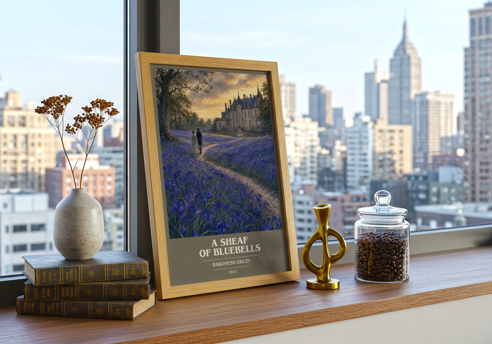 A Sheaf Of Bluebells book cover print framed by window – literary home decor