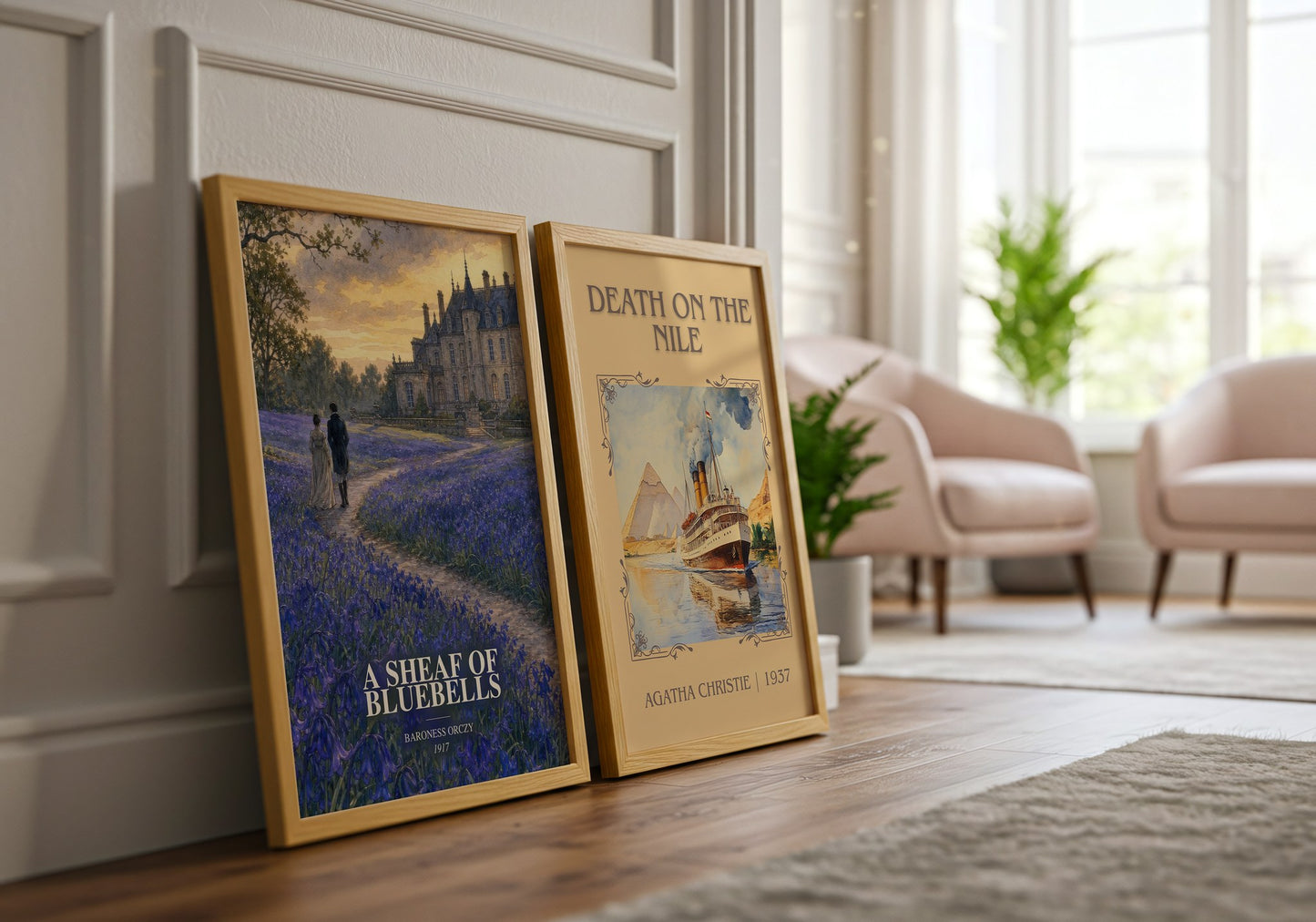 A Sheaf Of Bluebells watercolour print framed by window – literary home decor