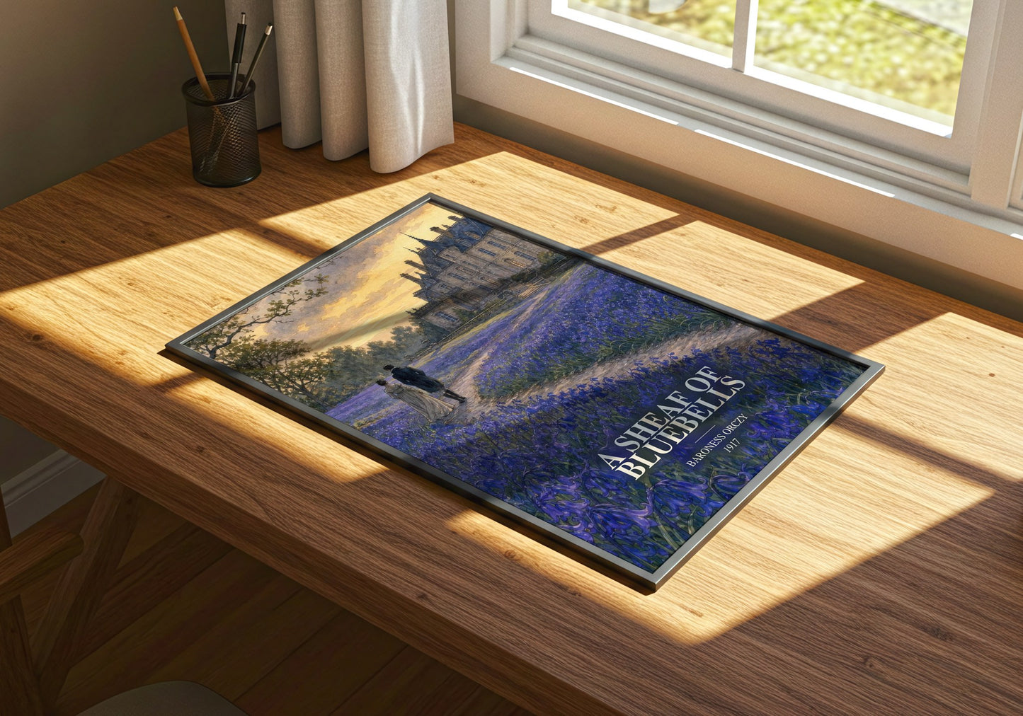 A Sheaf Of Bluebells watercolour book poster framed on wall – historical fiction wall art