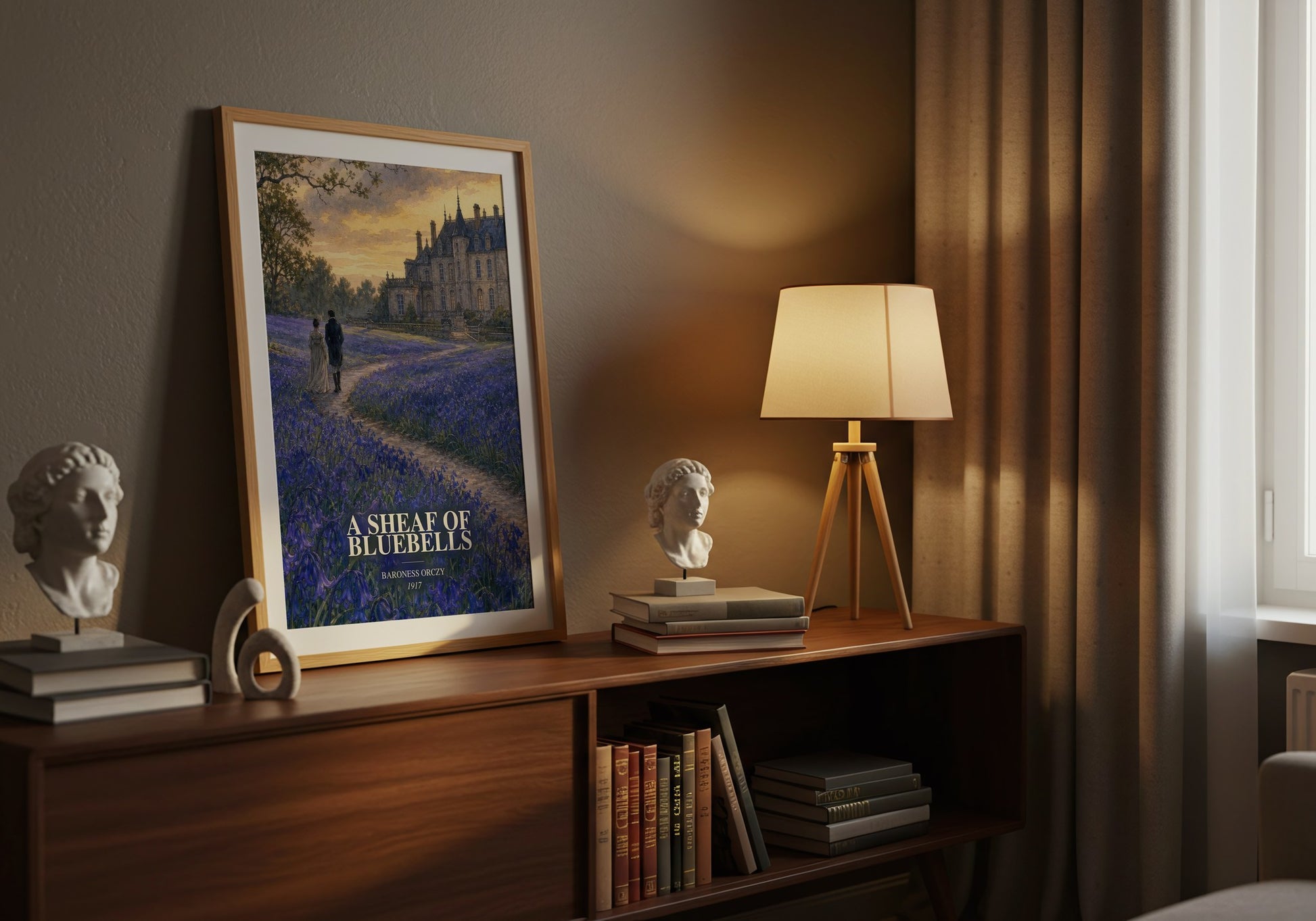 A Sheaf Of Bluebells watercolour print on bookshelf – Baroness Orczy fan gift