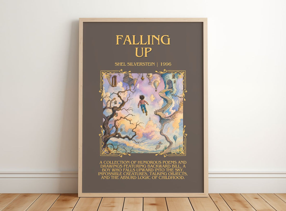 Falling Up Minimalist Book Poster by Shel Silverstein – framed print leaning on a wooden floor