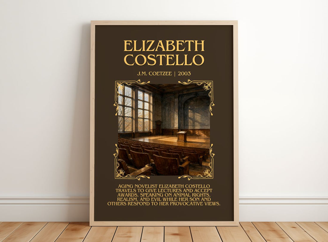 Elizabeth Costello Minimalist Book Poster by J.M. Coetzee – framed print leaning on a wooden floor