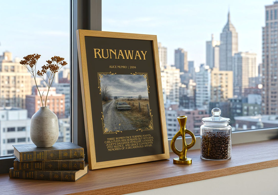 Runaway Minimalist Book Poster by Alice Munro – framed print on a city-view windowsill