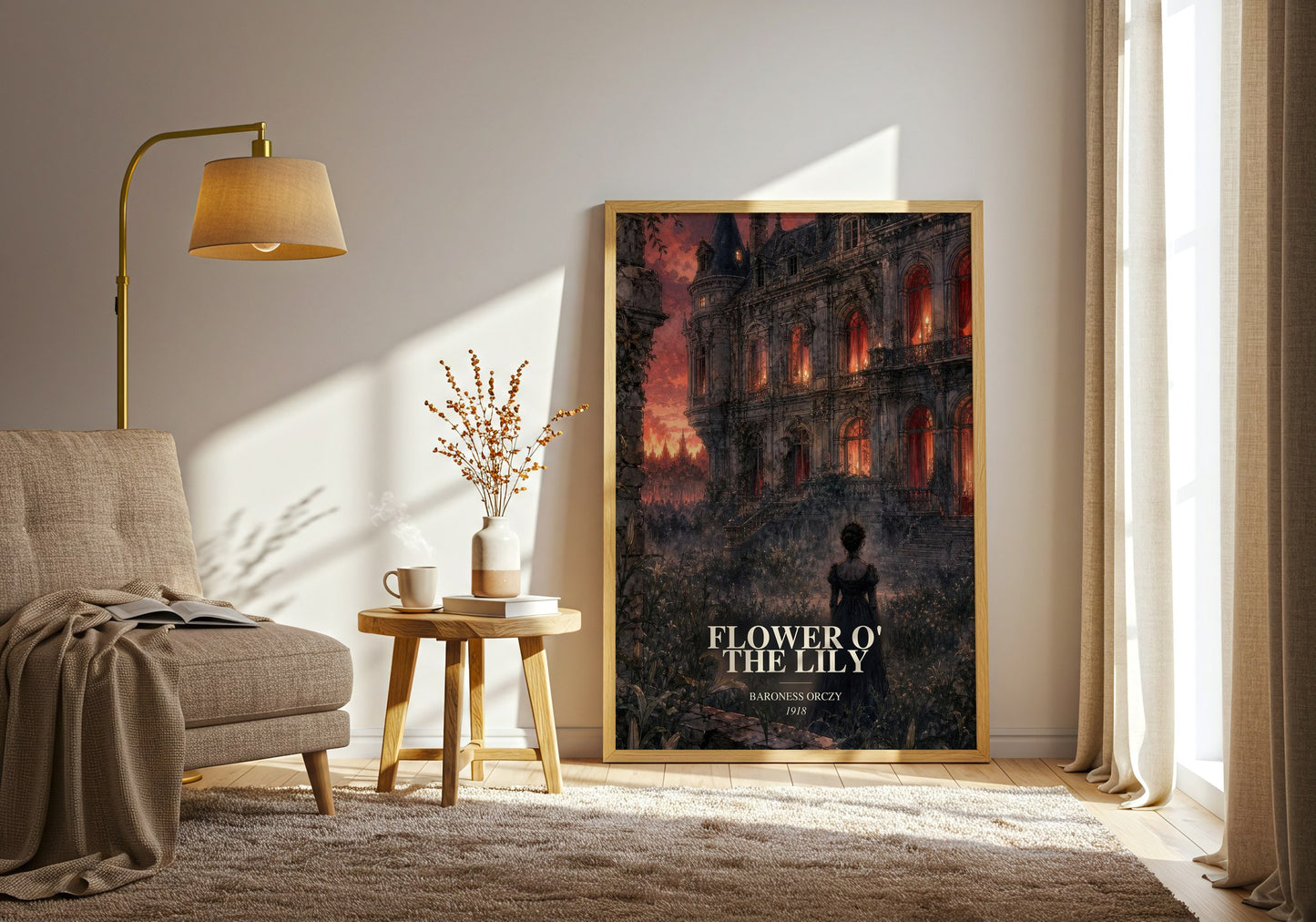 Flower O' The Lily watercolour print in frame leaning in hallway – historical fiction wall art