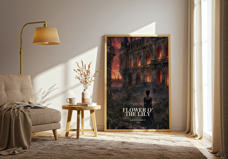 Flower O' The Lily watercolour print in frame leaning in hallway – historical fiction wall art