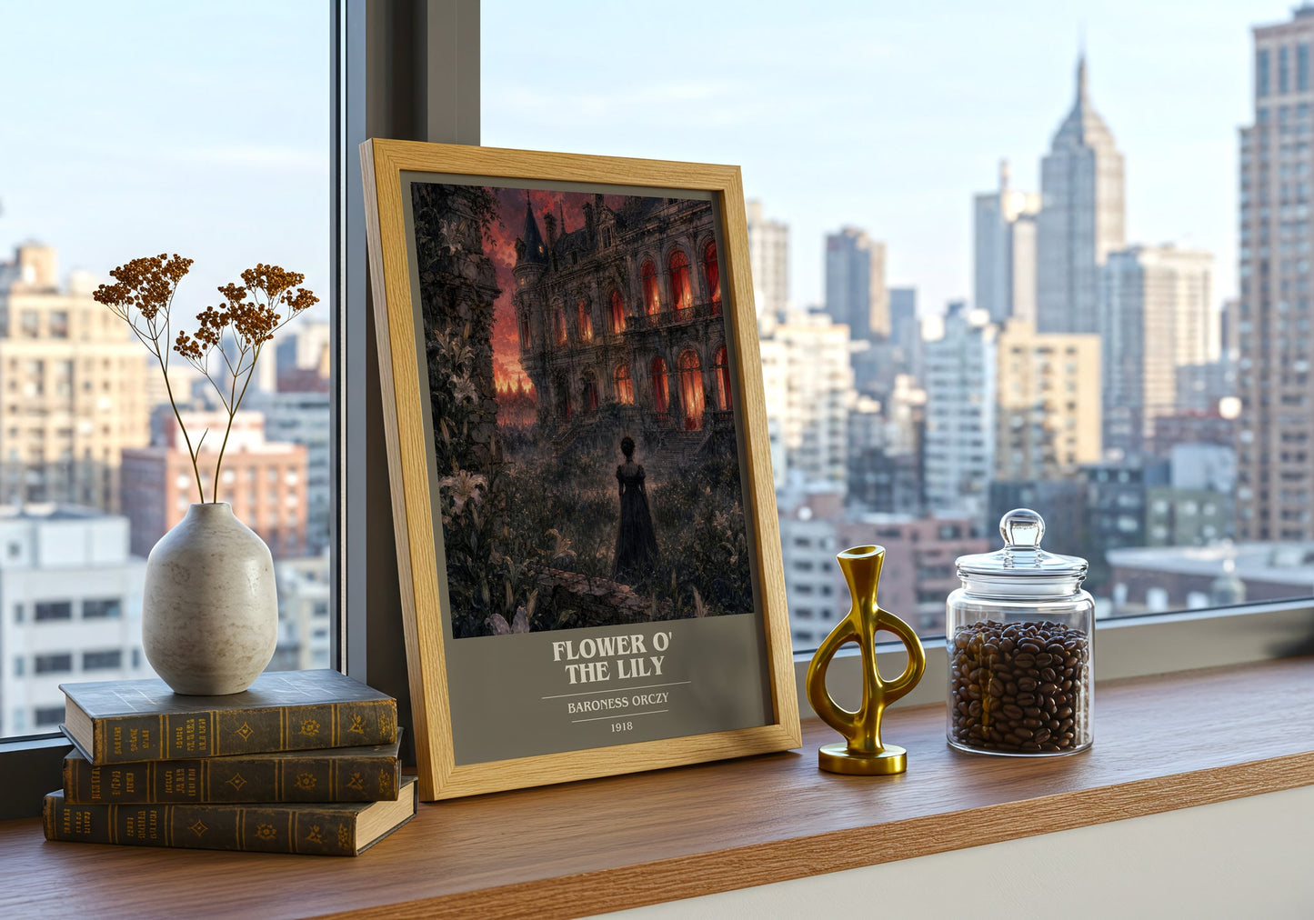 Flower O' The Lily book cover print framed by window – literary home decor