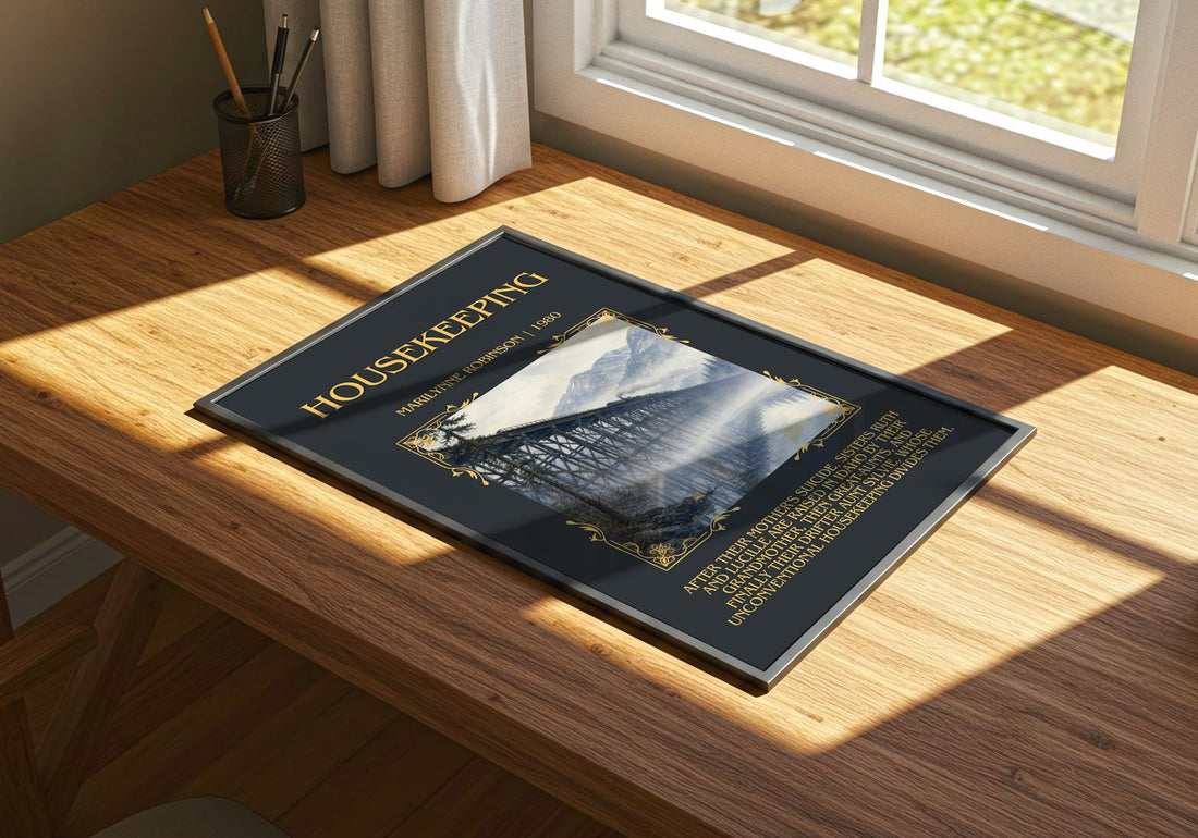 Housekeeping Minimalist Book Poster by Marilynne Robinson – print on a sunlit desk