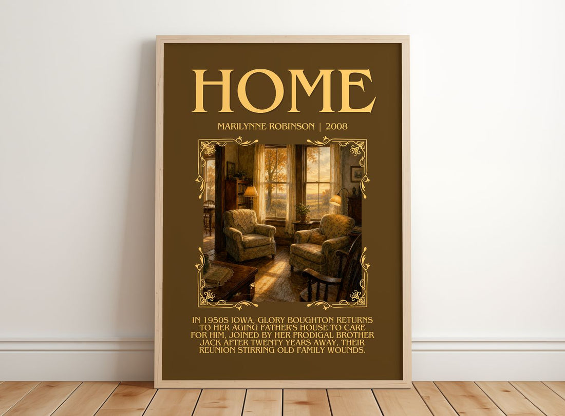 Home Minimalist Book Poster by Marilynne Robinson – framed print leaning on a wooden floor