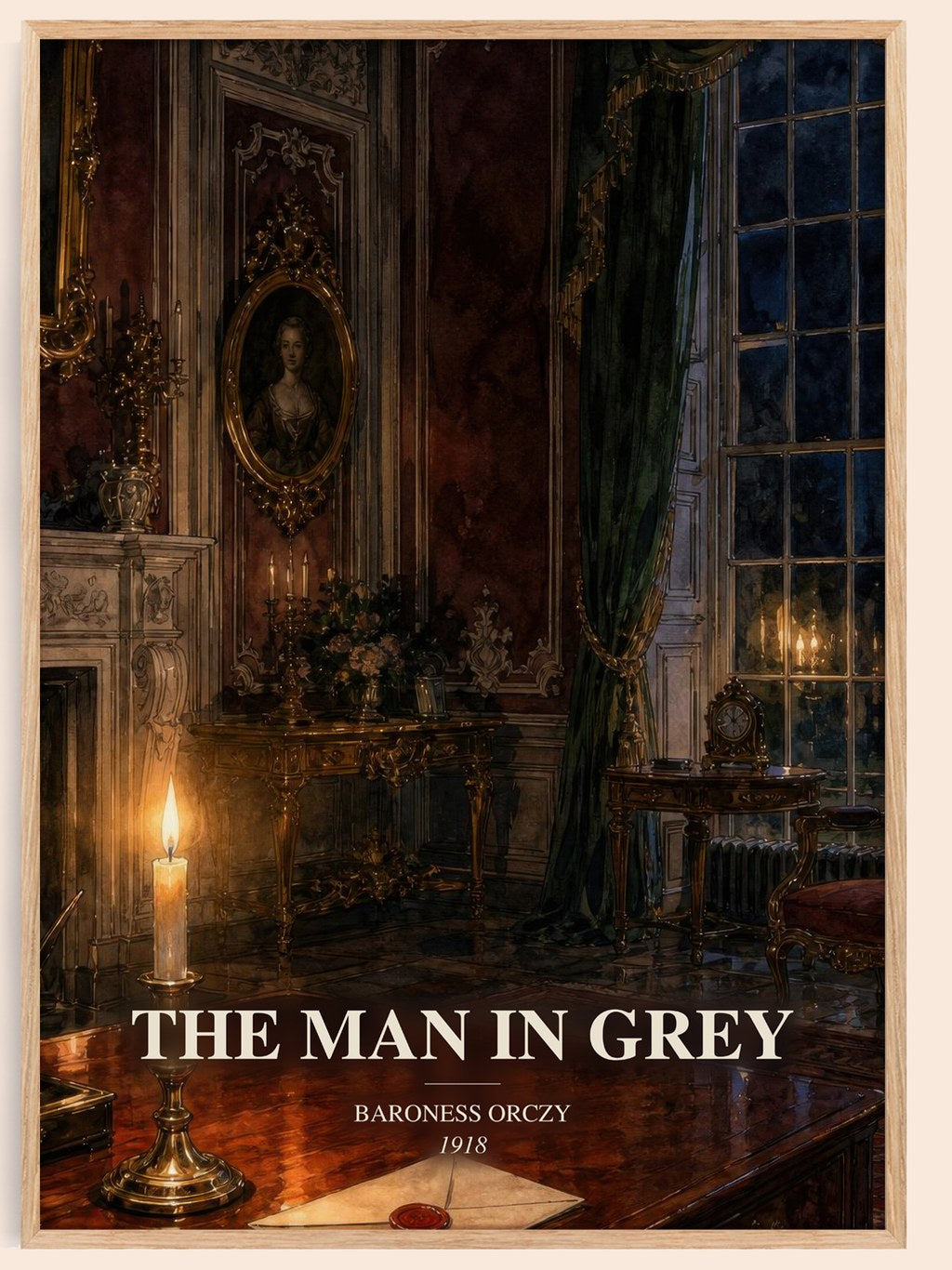 The Man In Grey watercolour book poster by Baroness Orczy – framed literary art print