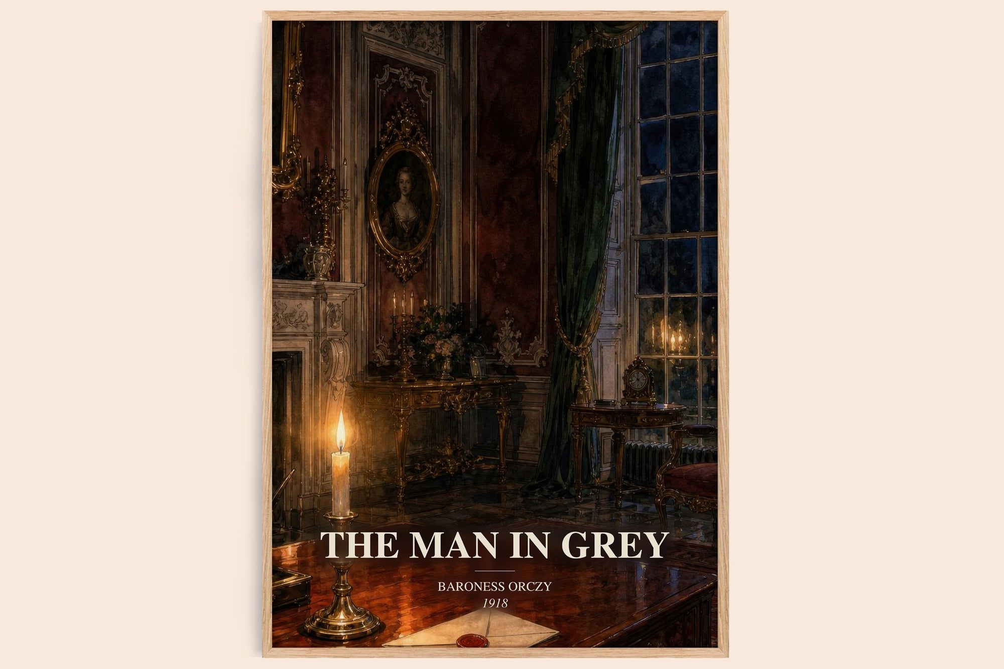 The Man In Grey watercolour book poster by Baroness Orczy – framed literary art print