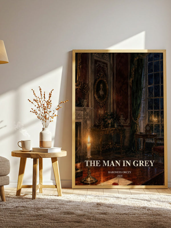 The Man In Grey watercolour print in frame leaning in hallway – historical fiction wall art