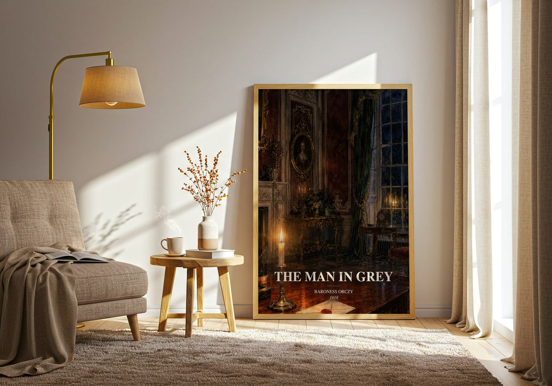 The Man In Grey watercolour print in frame leaning in hallway – historical fiction wall art (mockup)