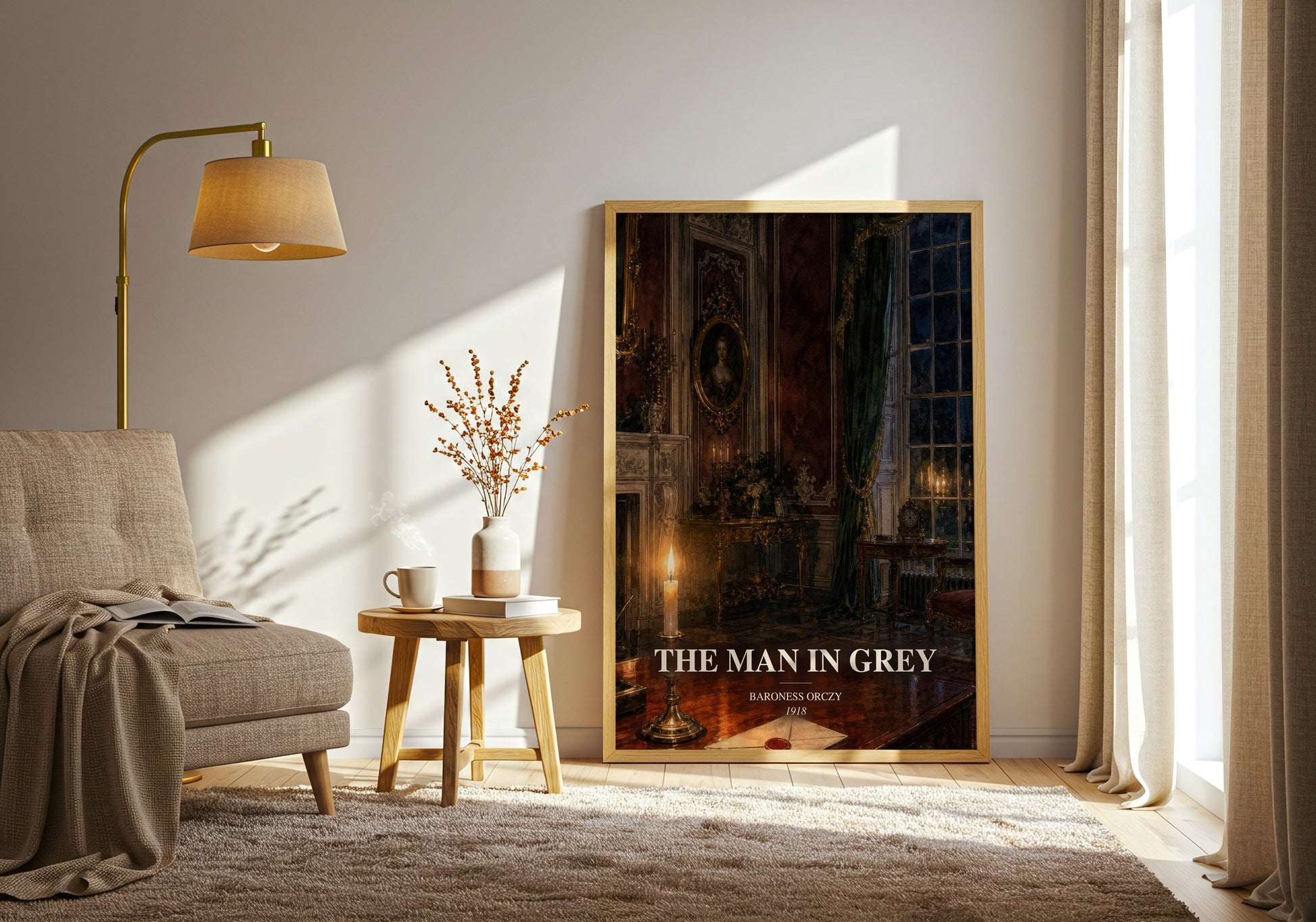 The Man In Grey watercolour print in frame leaning in hallway – historical fiction wall art