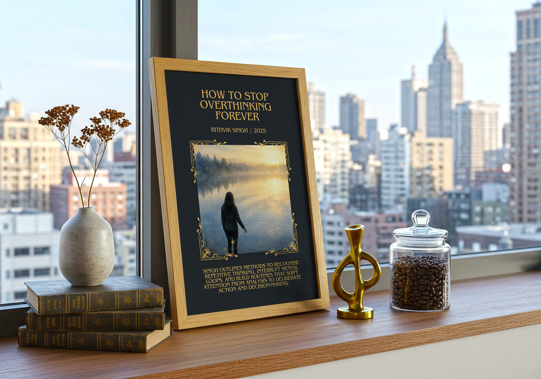 How To Stop Overthinking Forever Minimalist Book Poster by R. Singh – framed print on a city-view windowsill